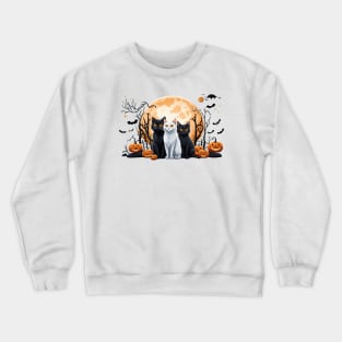 "Harmonious Halloween: Cat Lovers Under the Big Full Moon with Black and White triple cats" Crewneck Sweatshirt